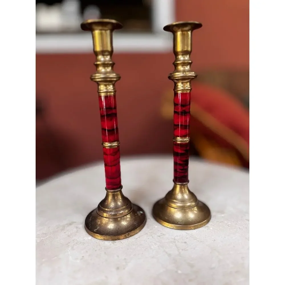 Vintage Brass Candlesticks Pair Red Faux Marble Enamel Column Stem 10